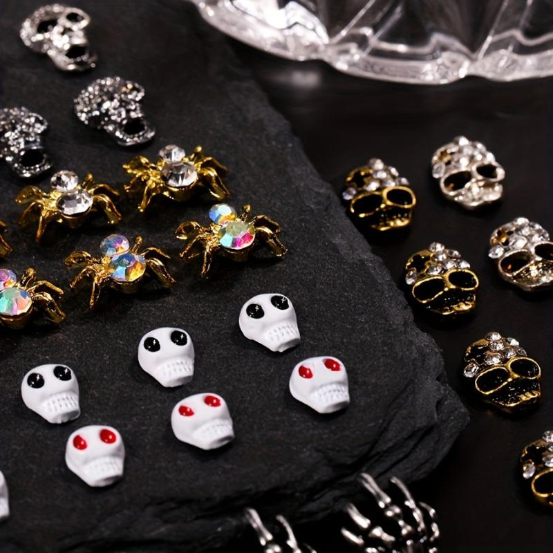 50pcs Halloween Skull Skeleton Spider Nail Charms with Rhinestones 3D Alloy
