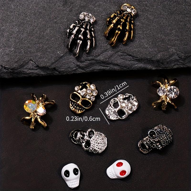 50pcs Halloween Skull Skeleton Spider Nail Charms with Rhinestones 3D Alloy