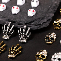 50pcs Halloween Skull Skeleton Spider Nail Charms with Rhinestones 3D Alloy