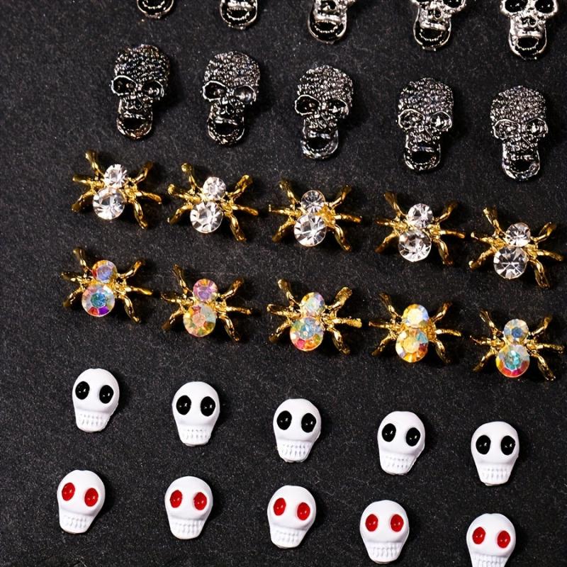 50pcs Halloween Skull Skeleton Spider Nail Charms with Rhinestones 3D Alloy
