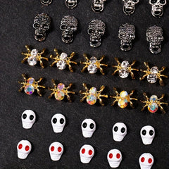 50pcs Halloween Skull Skeleton Spider Nail Charms with Rhinestones 3D Alloy