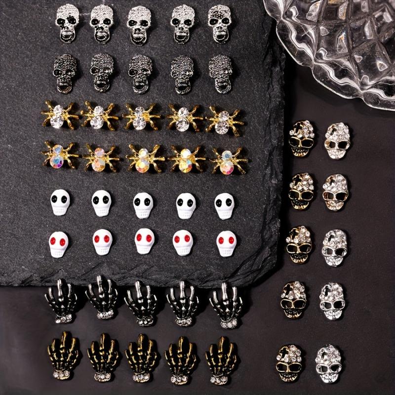50pcs Halloween Skull Skeleton Spider Nail Charms with Rhinestones 3D Alloy