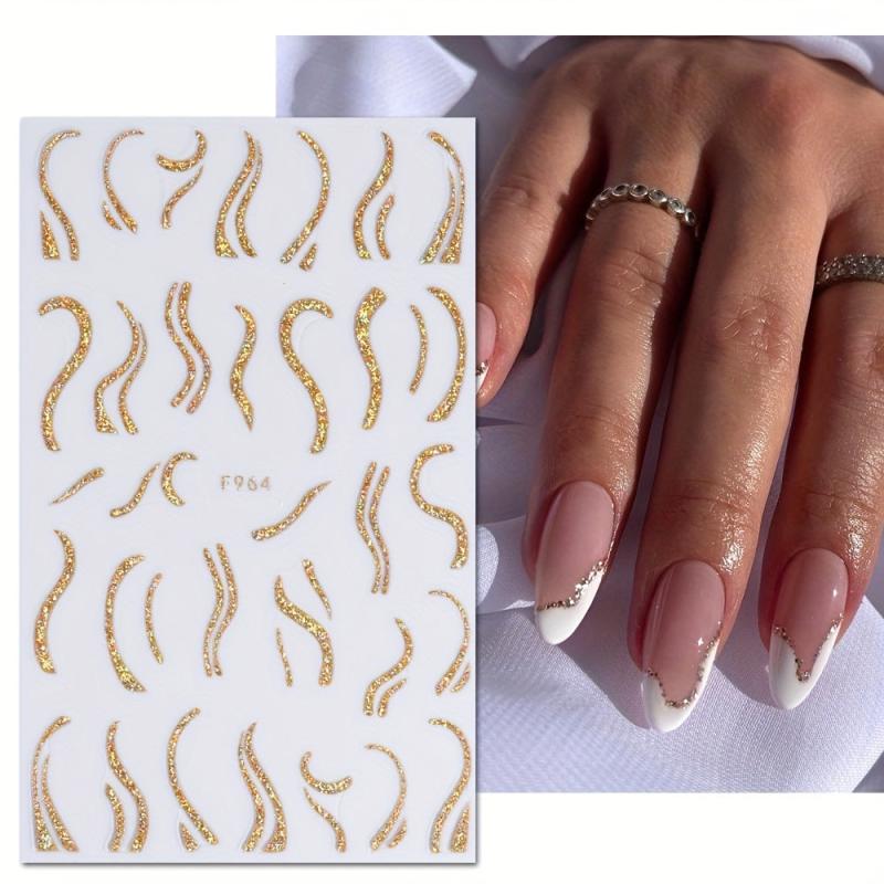 Golden Satin Glitter Powder Nail Art Stickers French Lines Laser Pack of 1