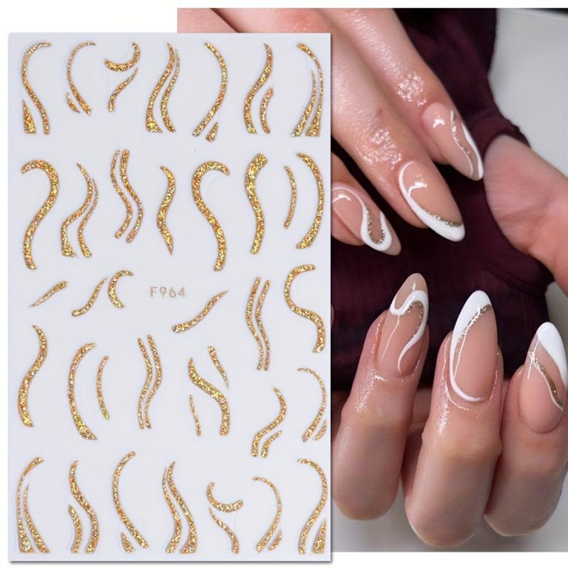 Golden Satin Glitter Powder Nail Art Stickers French Lines Laser Pack of 1