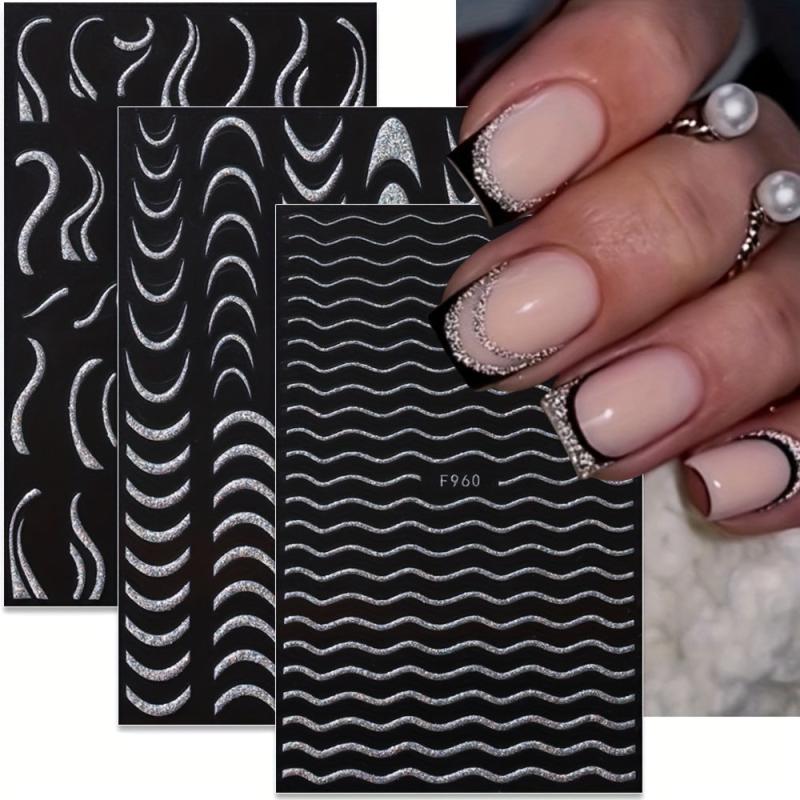 Golden Satin Glitter Powder Nail Art Stickers French Lines Laser Pack of 1