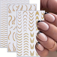 Golden Satin Glitter Powder Nail Art Stickers French Lines Laser Pack of 1