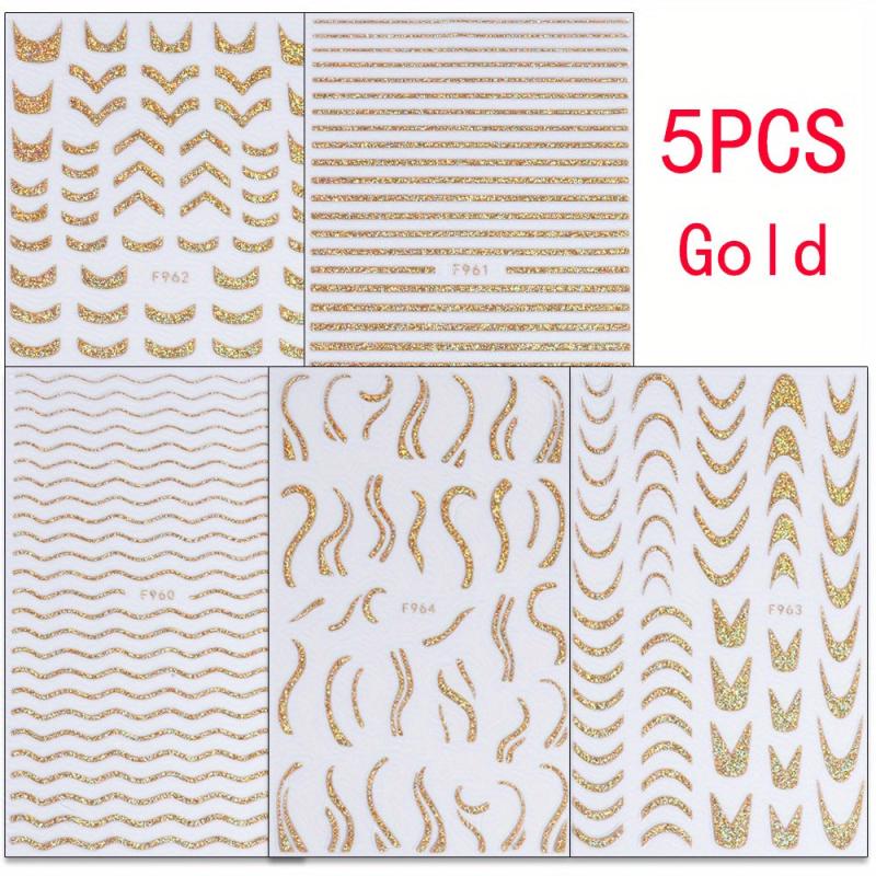 Golden Satin Glitter Powder Nail Art Stickers French Lines Laser Pack of 1