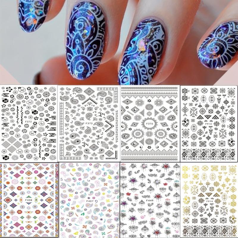 8 Sheets Totem Flower Nail Art Stickers Self Adhesive Decals for DIY Nail Salon