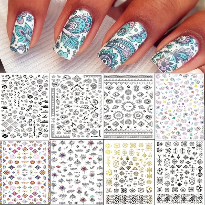 8 Sheets Totem Flower Nail Art Stickers Self Adhesive Decals for DIY Nail Salon