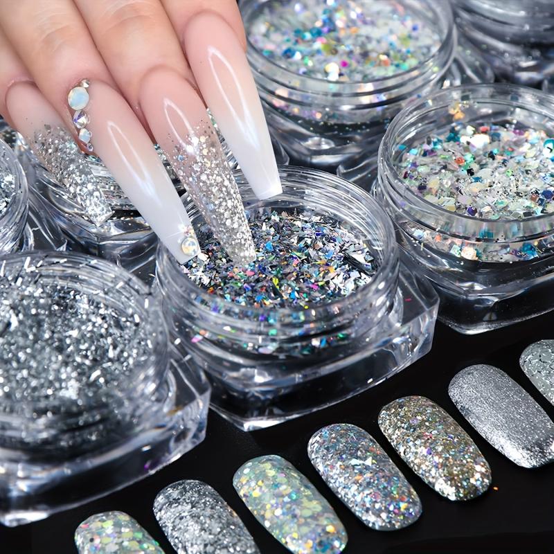8 Boxes Holographic Nail Powder Nail Art Sequins Set Silver Nail Glitter Powder
