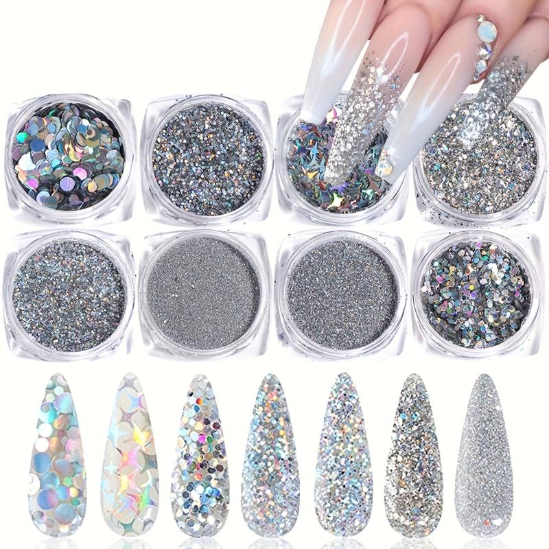 8 Boxes Holographic Nail Powder Nail Art Sequins Set Silver Nail Glitter Powder