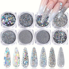 8 Boxes Holographic Nail Powder Nail Art Sequins Set Silver Nail Glitter Powder