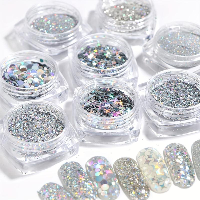 8 Boxes Holographic Nail Powder Nail Art Sequins Set Silver Nail Glitter Powder