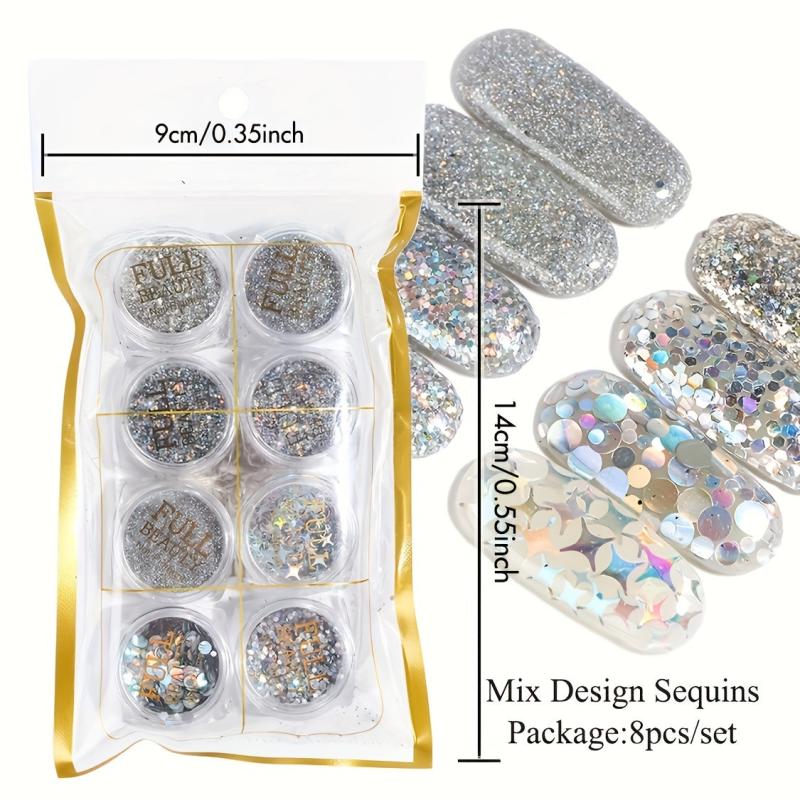 8 Boxes Holographic Nail Powder Nail Art Sequins Set Silver Nail Glitter Powder