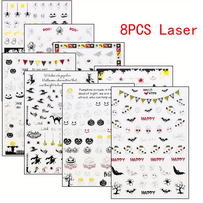 8pcs Halloween Nail Art Stickers - Ghost Pumpkin Witch Spider Cat Bat Designs