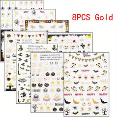 8pcs Halloween Nail Art Stickers - Ghost Pumpkin Witch Spider Cat Bat Designs