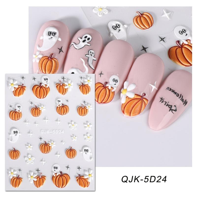 Halloween Nail Art Stickers 5D Embossed Skull Ghost Pumpkin Spider Nail Decals