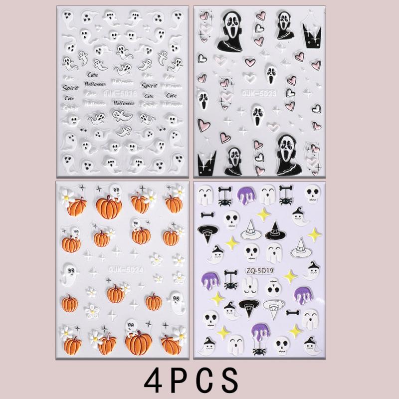 Halloween Nail Art Stickers 5D Embossed Skull Ghost Pumpkin Spider Nail Decals