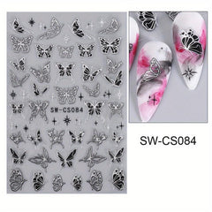 Metal Butterfly Nail Art Stickers with Red Rose Decals 3D and Silver Designs