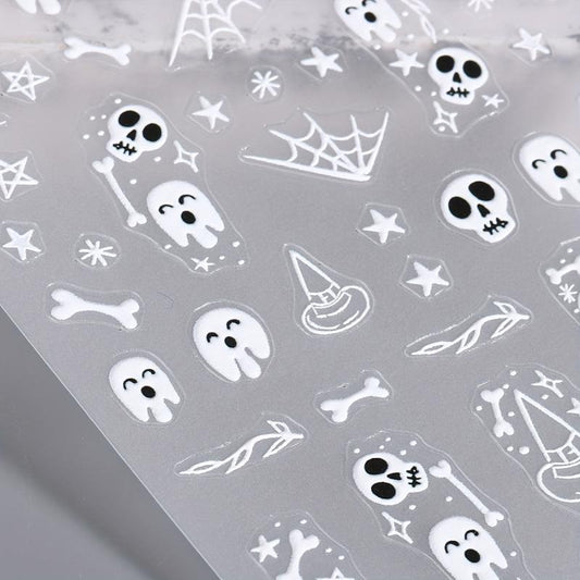 5D Embossed Halloween Nail Art Stickers - Skull Ghost Skeleton Spider Web