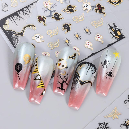 4 Halloween Nail Art Stickers Self Adhesive DIY Laser Pumpkin Ghost Spider Skull