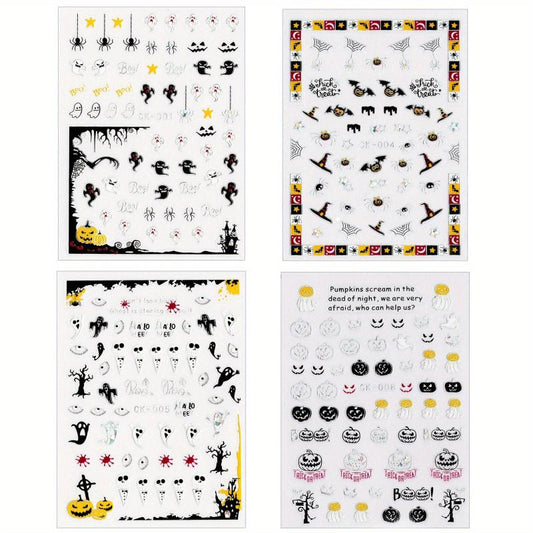 4 Halloween Nail Art Stickers Self Adhesive DIY Laser Pumpkin Ghost Spider Skull