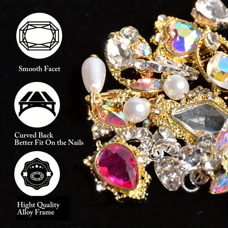 48pcs Nail Art Charms With Rhinestones Pearls 3D Alloy Nail Gem Accessories