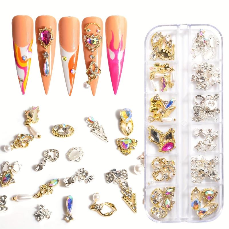 48pcs Nail Art Charms With Rhinestones Pearls 3D Alloy Nail Gem Accessories