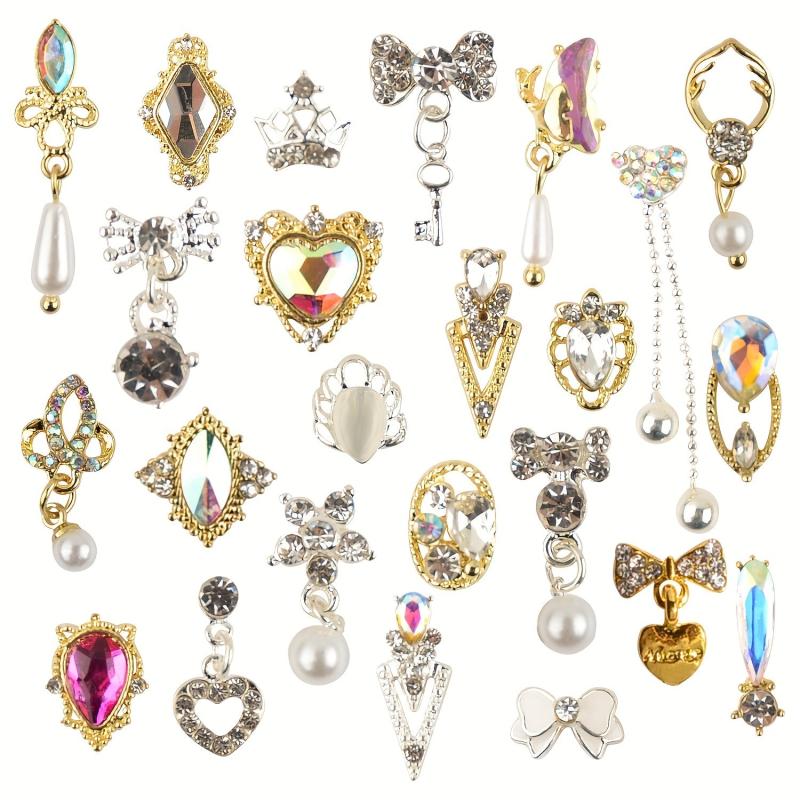 48pcs Nail Art Charms With Rhinestones Pearls 3D Alloy Nail Gem Accessories