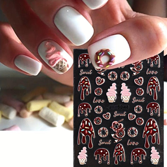 5D Ice Cream Nail Art Stickers Chocolate Donut Cake Designs