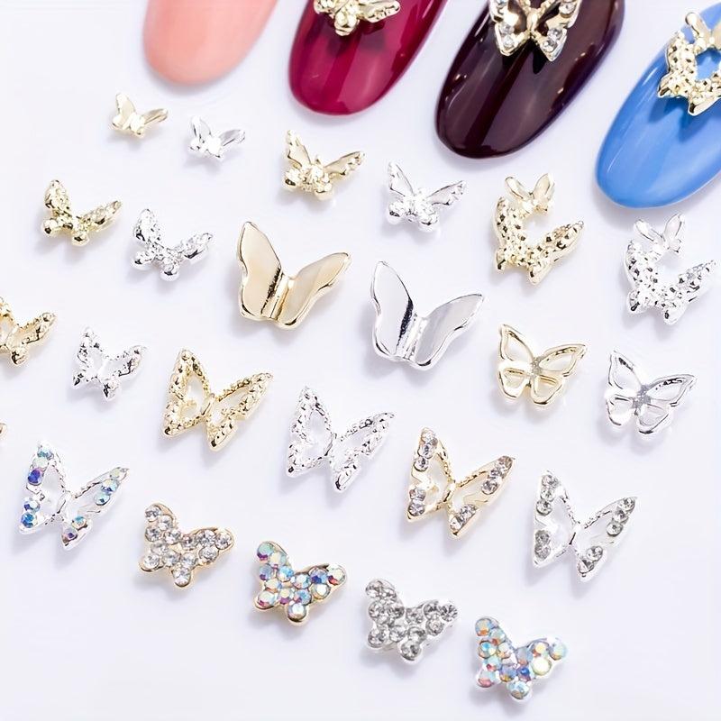 30pcs Rhinestone Butterfly Nail Charms 3D Nail Art Accessories
