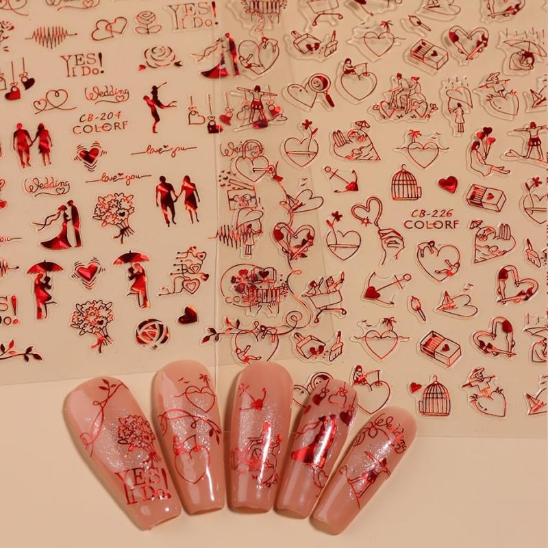 3D Red Nail Stickers For Couples Embossed Nail Art Slider Decoration