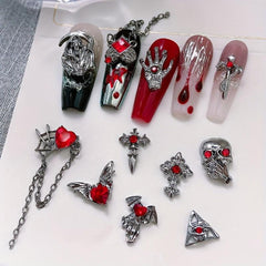 Halloween Nail Art Charms With Rhinestone 3D Alloy Skull Heart Bat Pendant