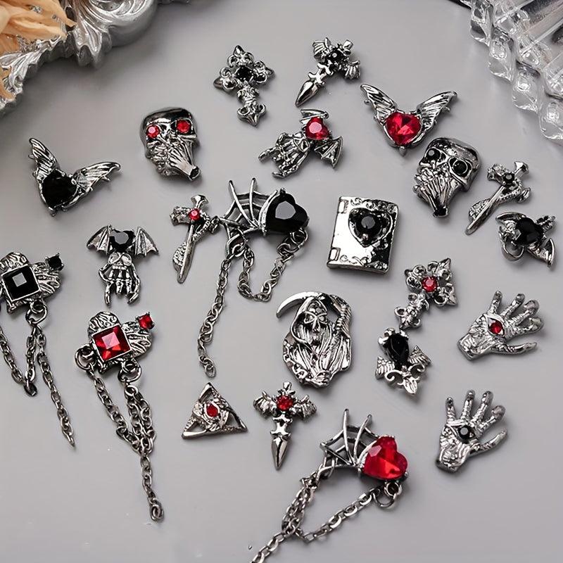 Halloween Nail Art Charms With Rhinestone 3D Alloy Skull Heart Bat Pendant