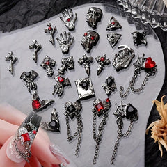 Halloween Nail Art Charms With Rhinestone 3D Alloy Skull Heart Bat Pendant