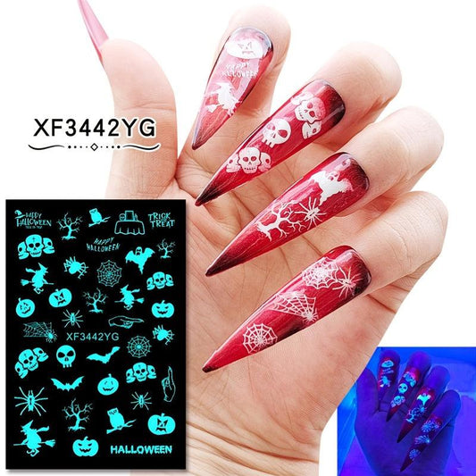 12Pcs Halloween Nail Stickers 3D Self Adhesive Luminous Nail Art Decals