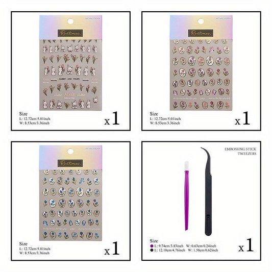 3D Embossed Rabbit Tulip Nail Stickers - Self Adhesive Bunny Nail Decals