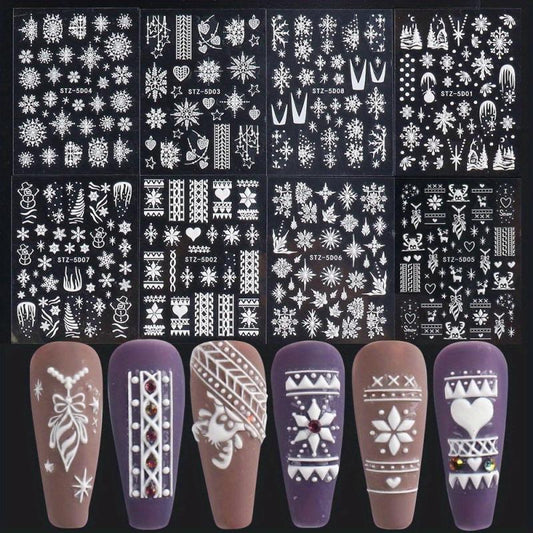 8 Pcs 5D Christmas Snowflake Snowman Nail Art Stickers