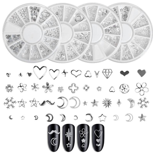4 Boxes Metal Silver Nail Charms Nail Studs 3D Nail Art Jewelry Decoration