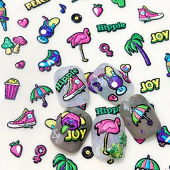 5D Embossed Cartoon Nail Art Stickers Bird Mushroom Palm Tree Nail Art Decals