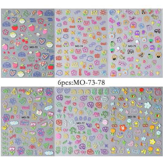6 Sheets 5D Cartoon Nail Stickers Cat Heart Star Nail Decals