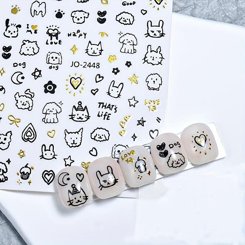 9 Sheets Kitten Fish Nail Art Stickers Self Adhesive Graffiti Nail Art Decals