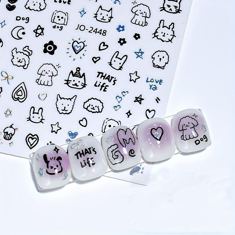 9 Sheets Kitten Fish Nail Art Stickers Self Adhesive Graffiti Nail Art Decals