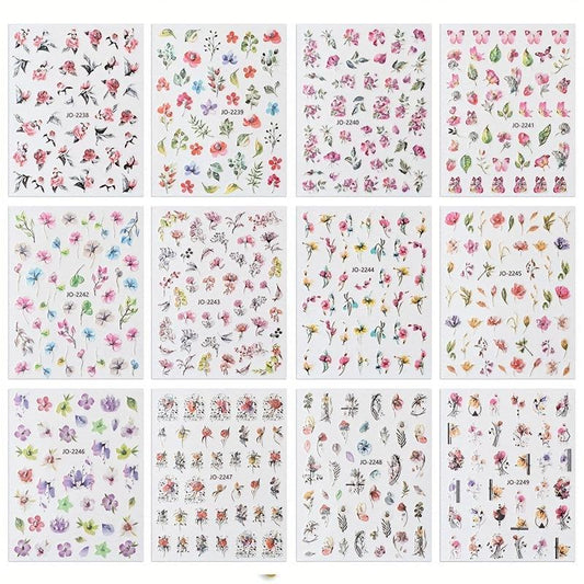 12pcs Colorful Flower Nail Art Stickers Self Adhesive Decals