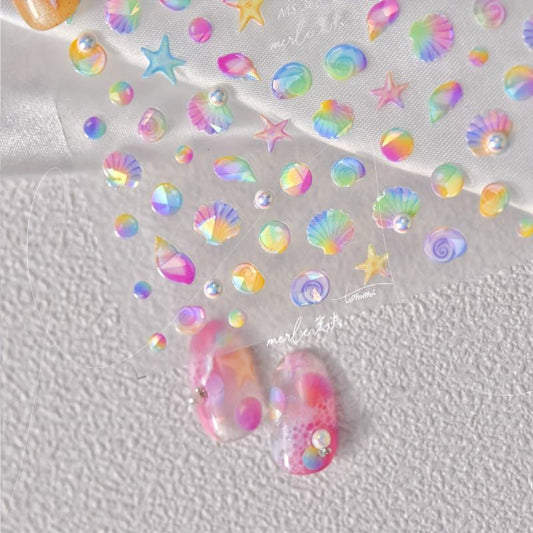 5D Embossed Nail Art Stickers with Pearls & Aurora Shell - DIY Nail Decor
