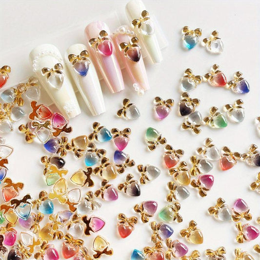 50 Pcs Gradient Heart Nail Charms DIY 3D Nail Art Rhinestones Manicure Glitter
