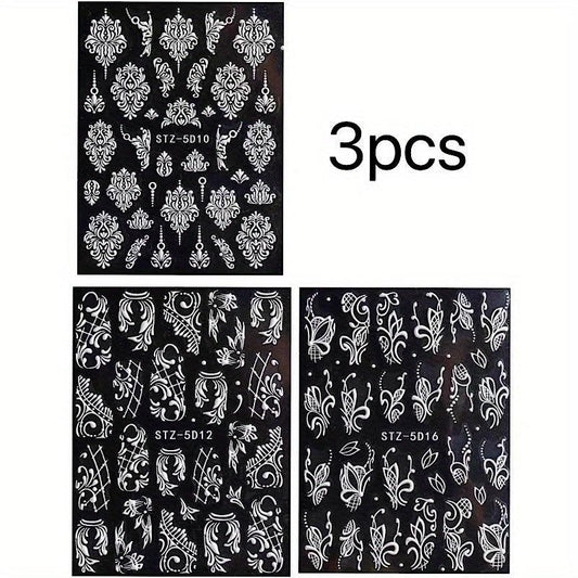 3pcs 3D Embossed Lace Flower Nail Art Stickers Self Adhesive Nail Art Decals