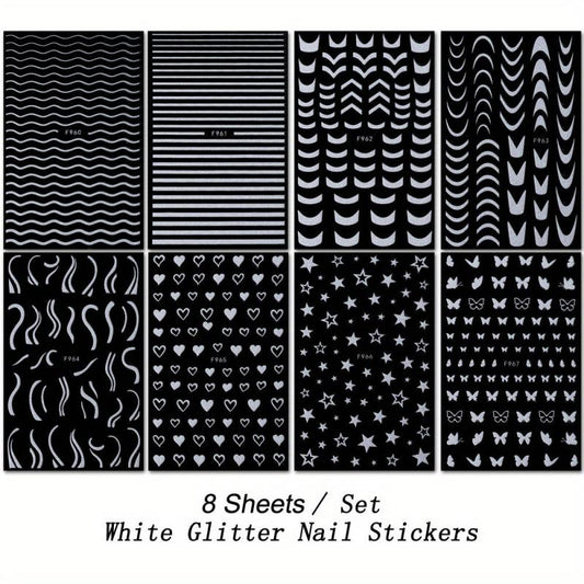 3D Glitter Nail Stickers French Shining Line Decals for DIY Manicure, 8 Sheets