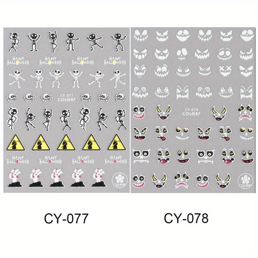 3D Halloween Luminous Nail Stickers Decals Spider Web Snake Skull Bone