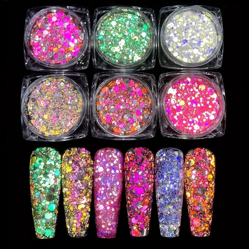 6 Boxes 3D Nail Glitter Sequins Hexagon Flake Nail Art DIY Salon